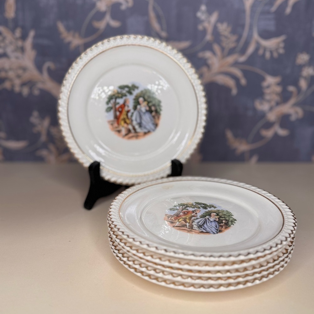 Vintage Set of 6 The Harker Pottery Co. 22 Karat Gold Rim Ceramic Plate